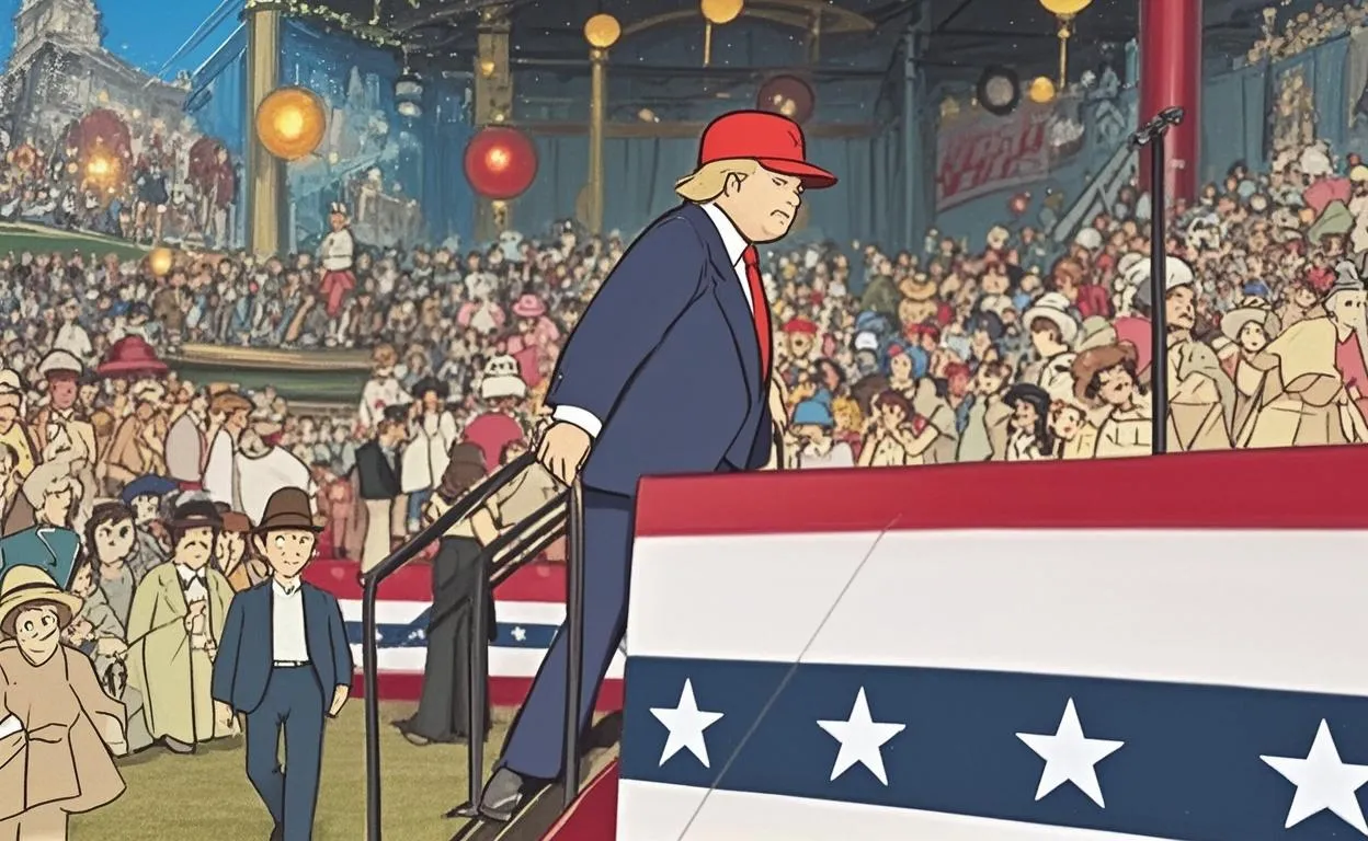Efter Studio Ghibli AI -filter förvandlas Trump med en röd hatt och publiken under podiet till en komisk stil